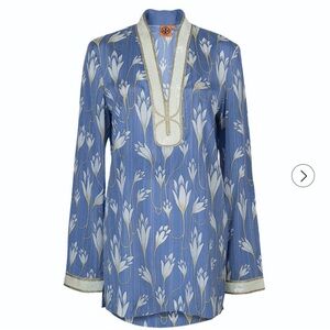 ⭐️NWT⭐️Tory Burch Sabrina Tunic Blue Floral V-Neck Long-Sleeve Tunic w Gold Trim